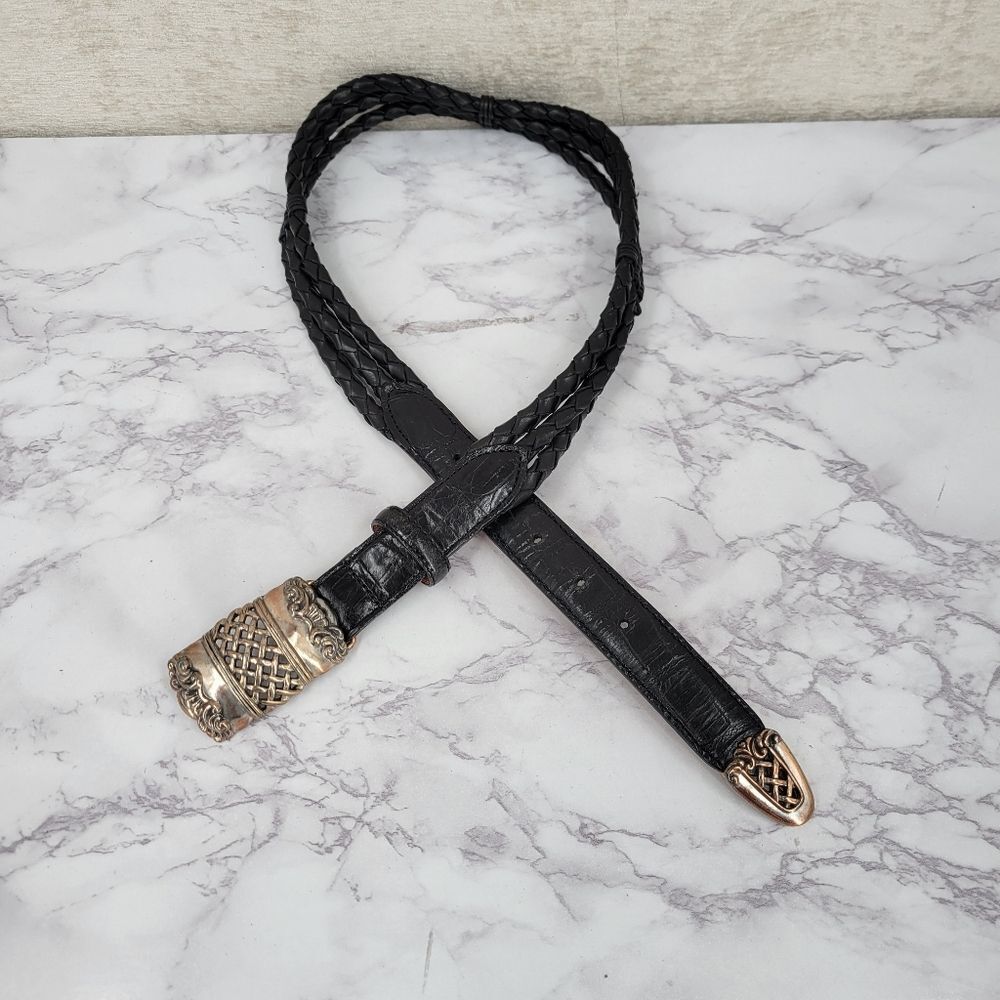 Vintage Belt 90s Black Braided Belt with Silver Toned Buckle